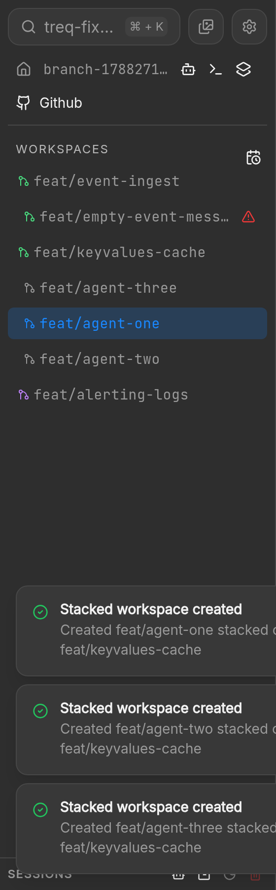 Sidebar after three new agent workspaces appear